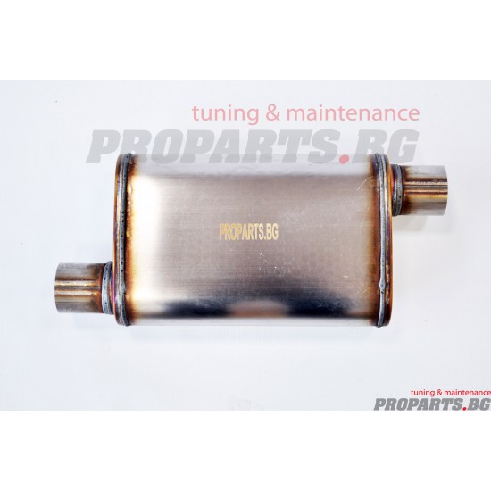 Flat sport muffler with 76 mm inlet and dual 63 mm outlet